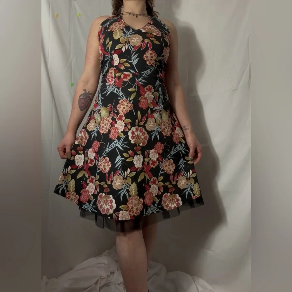 Y2K Black Floral Hawaii Tulle Whimsigoth Fairy Grunge Halter Dress Size M-L - Picture 7 of 16